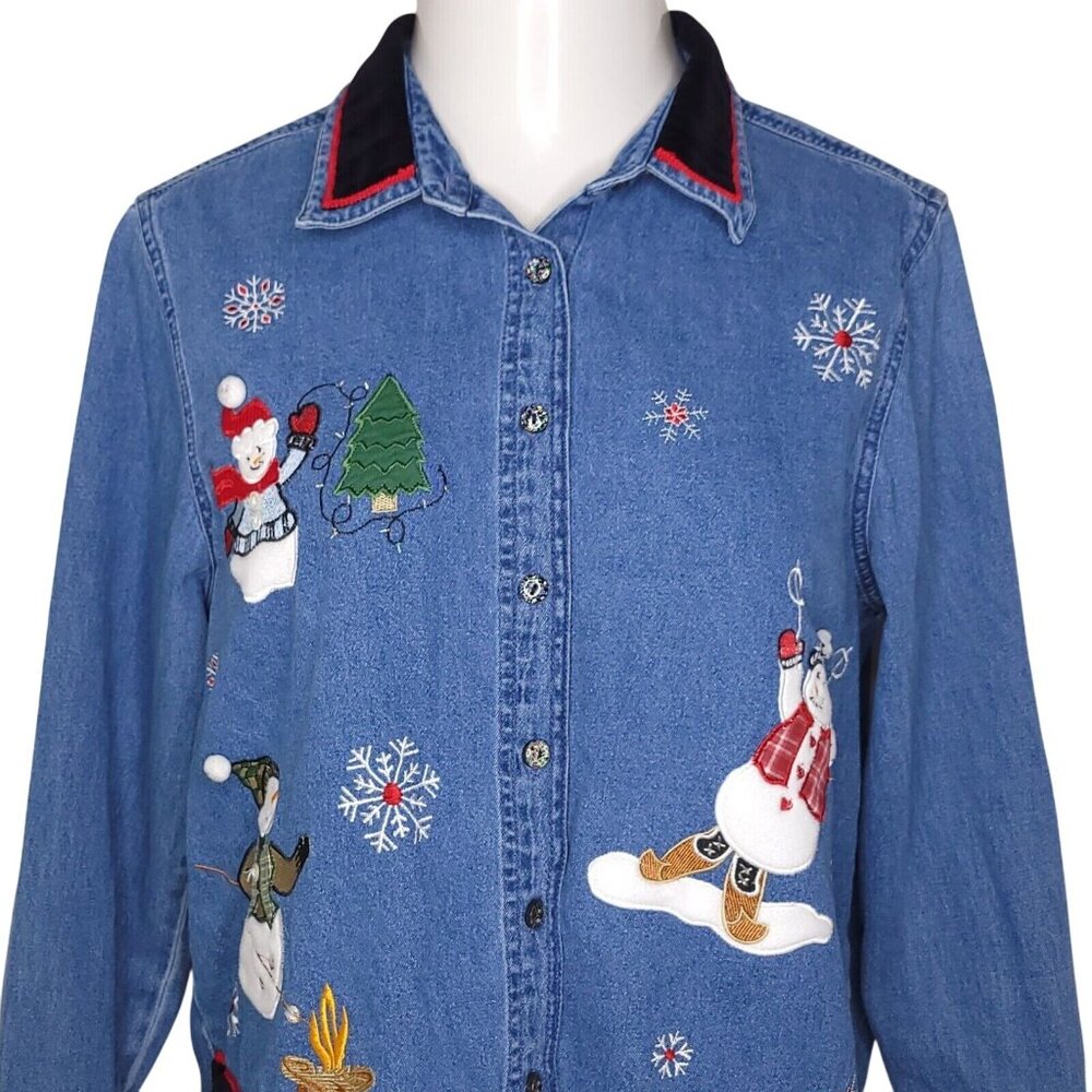 Vintage L.A. Blues Denim Shirt L Snowman Embroidery Velvet Trim Long Sleeve Top